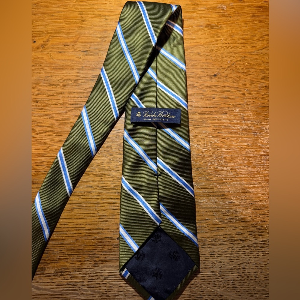 Brooks Brothers Ribbed Textured Diagonal Stripe Olive‎ Green Blue Silk Neck Tie - Picture 2 of 5